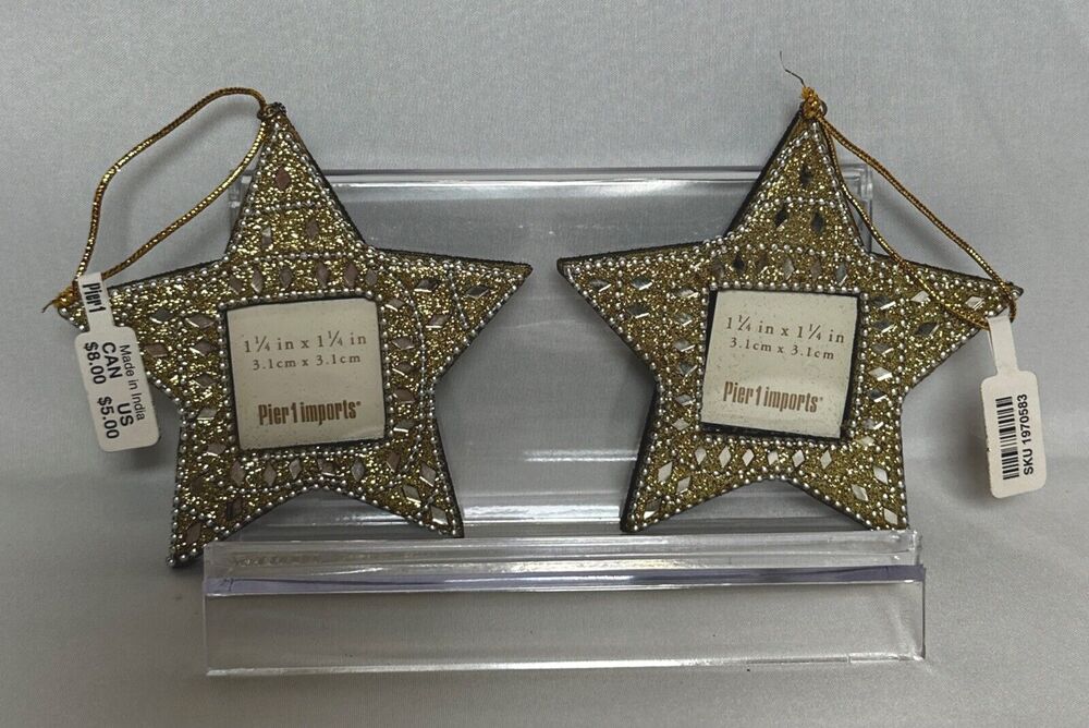 Christmas Ornaments Pier 1 Gold Star Hanging Photo Frames 1.25"x1.25" Set of 2